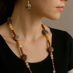 Elegant Brown and Yellow Beaded Necklace and Earring Set